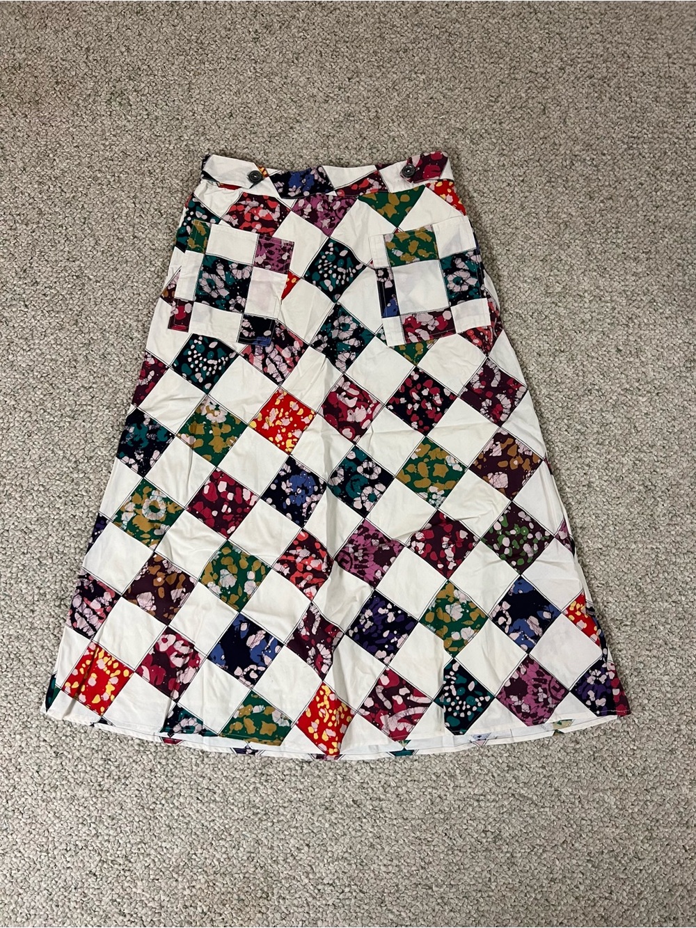 Tiny Patchwork Square-Print Midi Skirt in Multicolor